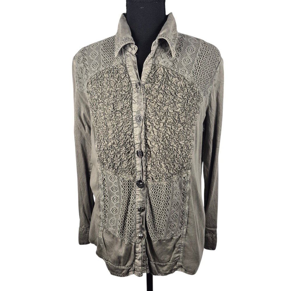 Parsley & Sage Blouse M Olive Green Lace Crochet Boho Button Western Cottagcore